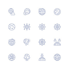 Global line icon set on transparent background with editable stroke. Containing alert, global economy, location pin, earth, global network, settings, global, global warming, world, globe, pin.