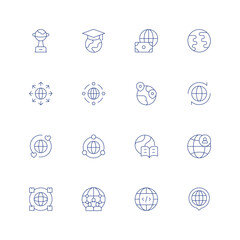Global line icon set on transparent background with editable stroke. Containing award, global education, money, earth, expansion, global network, telecommuting, global, worldwide, world, globe.