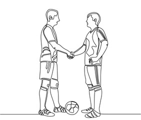 One continuous single line of two football player with a ball shaking hands isolated on white background.