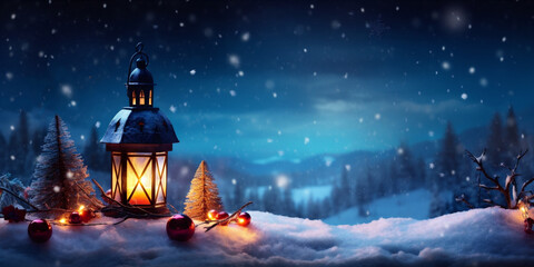 Christmas lantern in the snow. Copy space.