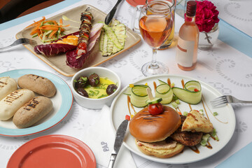 Various dishes served on the restaurant, top view
