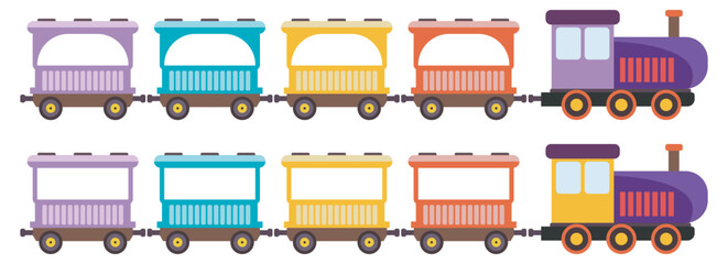 Cartoon toy train with color wagons, two different style kids train set, Toy train cartoon vector illustration