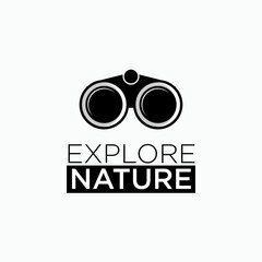 Binoculars Logo Above Explore Nature Text. Illustration of Outdoor Adventure Activist As Simple Vector Sign & Trendy Symbol for Design and Website, Presentation, or Application.