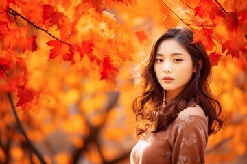 Portrait of a beautiful young asian woman in the autumn park. selective focus.