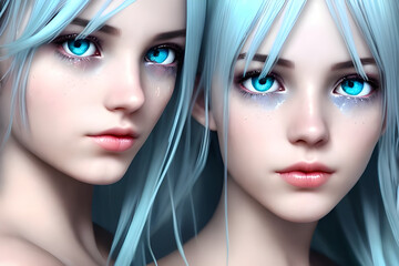 Two faces of a blue fairy with blue eyes.