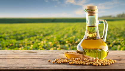 soybean oil in glass jug with dry soy seeds in scoop on wooden table and green agriculture field on...