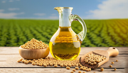 soybean oil in glass jug with dry soy seeds in scoop on wooden table and green agriculture field on...
