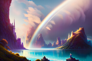 Fairytale scenery with fantastic and beautiful waterfalls and rainbows floating in the air.
Generative AI
