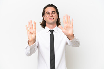 Business handsome man isolated on white background counting nine with fingers
