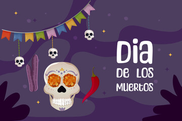 Day of the dead postcard. skull and flor de muerto