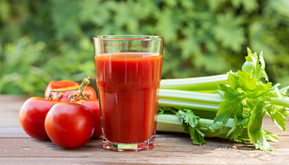 fresh tomato juice in glass with celery sticks and heap of ripe vegetables on wooden table outdoors
