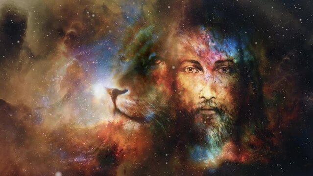 painting of Jesus with a lion, on beautiful cosmic background. Loop Animation.