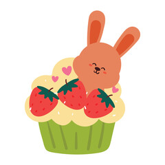 hand drawing cartoon cupcake with bunny and strawberry. cute food and animal doodle for icon and sticker