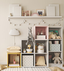 Lighting children room with natural wooden furniture. Farmhouse style interior background, 3d rendering. High quality 3d illustration