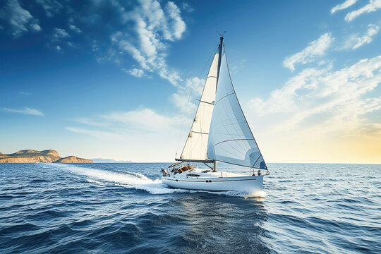 Ai generative. Sailing yacht gliding on blue waves