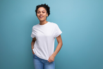 young brunette latin woman in white t-shirt with print mockup