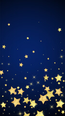 Magic stars vector overlay. Gold stars scattered around randomly, falling down, floating. Chaotic dreamy childish overlay template. on dark blue background.