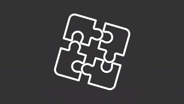 Puzzle pieces white animated icon. Separate and connect line animation. Logic game. Business solution. Isolated illustration on dark background. Transition alpha video. Motion graphic