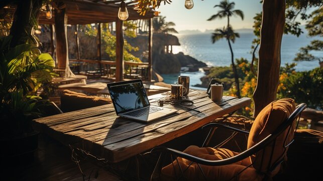A laptop on a wooden table is an outdoor workplace with a stunning view of the ocean. Generative AI