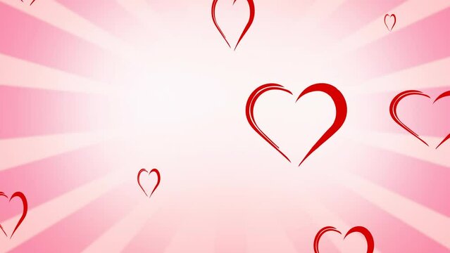 Animation of red hearts pattern on seamless loop on pink stripes background