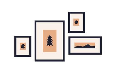 Framed pictures hanging on wall. Abstract modern interior posters group, paintings, photo art arrangement, placement, design for decoration. Flat vector illustration isolated on white background