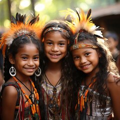 indigenous portrait of tribal Amazon kids  . looking  at camera. 