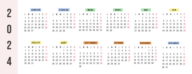 French calendar 2023 year. Vector stationery horizontal calendar week starts Monday. Yearly organizer. Simple calendar template in minimal design. Business vector illustration.