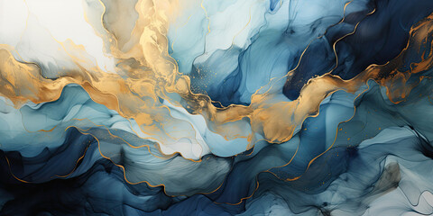 Nordic abstract gold texture and blue watercolor art pattern