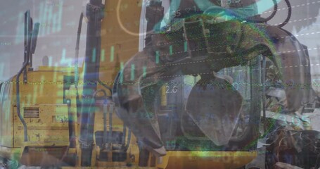 Animation of financial data processing and statistics over machinery in wasteland - Powered by Adobe