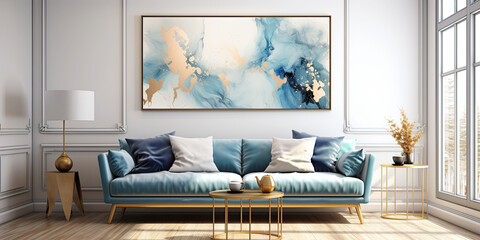 Nordic abstract gold texture and blue watercolor art pattern