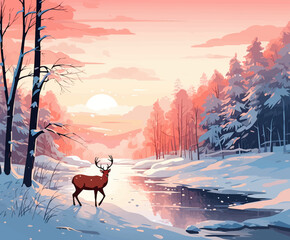 vector image of a deer in the forest in winter near the river. Vector illustration