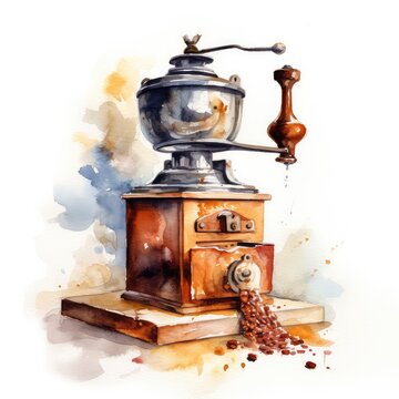 Hand coffee grinder watercolor illustration - Generative AI.