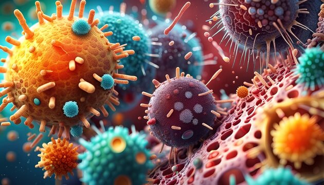 Microscopic close-up of various pathogens, viruses and bacteria in the organism with white blood cells triggering an immune response - illustration