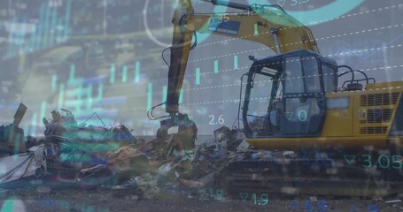 Animation of financial data processing and statistics over machinery in wasteland - Powered by Adobe