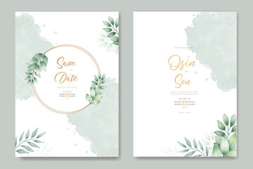 Fototapeta na wymiar wedding invitation card with green leaves watercolor