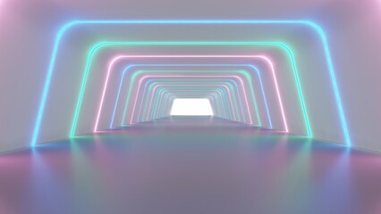Futuristic interior background tunnel glowing colorful neon 3d render