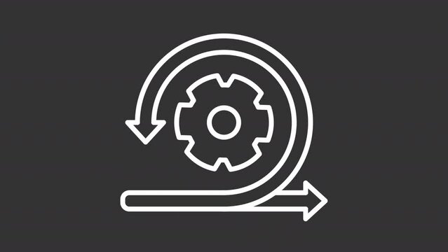 Agile development white animation. Rotating gear and arrows line animated icon. Different directions. Isolated illustration on dark background. Transition alpha video. Motion graphic