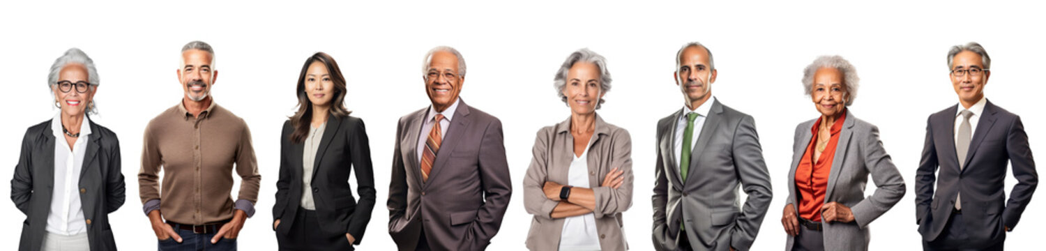 Group of diverse business people isolated on transparent white background. Old and young, various ethnicity
