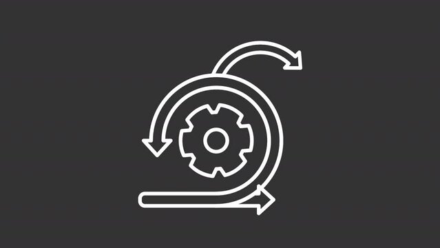 Flexible business white animation. Rotating cog wheel with three arrows line animated icon. Change management. Isolated illustration on dark background. Transition alpha video. Motion graphic