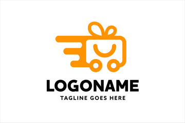 Fototapeta premium Fast gift delivery service, gift box with ribbon on moving flat icon, Fast love logo template design vector, emblem, design concept, creative symbol, icon.