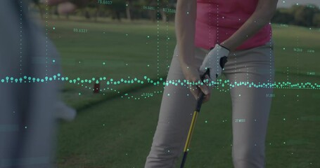 Animation of financial data processing over caucasian female golf player - Powered by Adobe