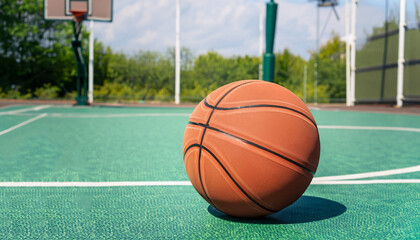 Basketball ball on court on a sunny day. Green polypropylene court outdoors