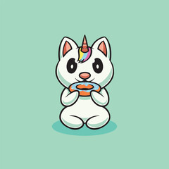 Cute Unicorn cat eating donut cartoon icon illustration