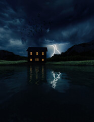 House with lit windows at a mountain lake with a lightning strike in a dark cloudy sky. Generative AI.