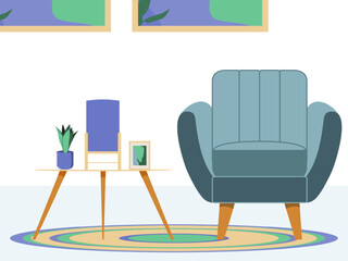 Mid century style relaxing corner interior design in violet and green with armchair, rug, wall pictures, home plant, side table, table lamp and photo frame. Vector flat illustration for your projects