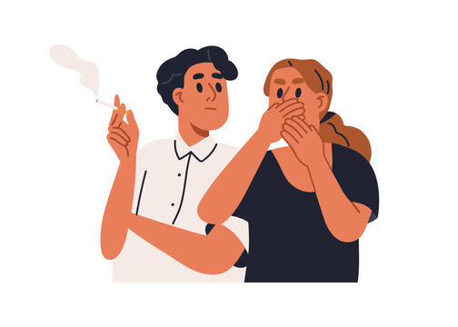 Breathing unpleasant stink, bad smell of cigarette, tobacco. Annoyed woman dislikes, hates disgusting unbearable secondhand smoke from smoker. Flat vector illustration isolated on white background