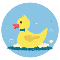 Vector cartoon duck in the water with foam. Sticker duck in a circle