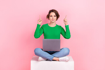 Full body photo of young confident serious business lady worker indicate fingers mockup service...