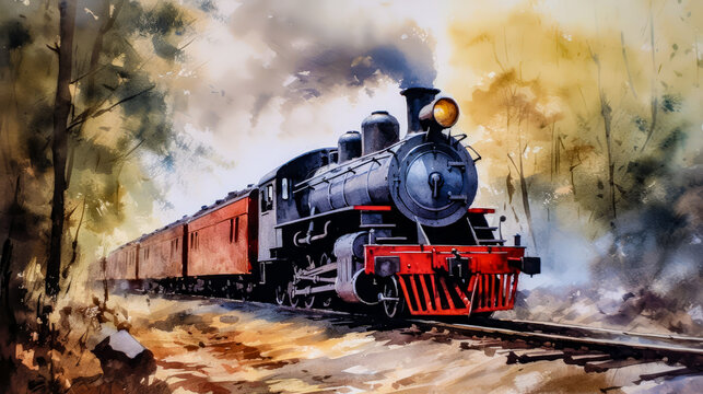 a painting of a wooden steam train in watercolor