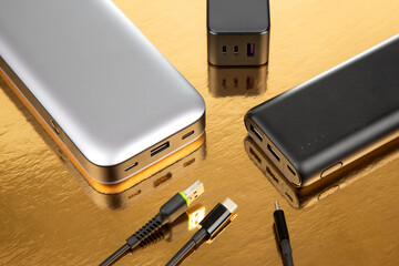 Powerbank portable on a golden background. Electronic devices for charging gadgets and smartphones